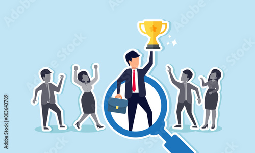 Exceptional job candidate stands out, distinct from crowd, notable winner, concept of Confident businessman shines in HR recruitment magnifying glass