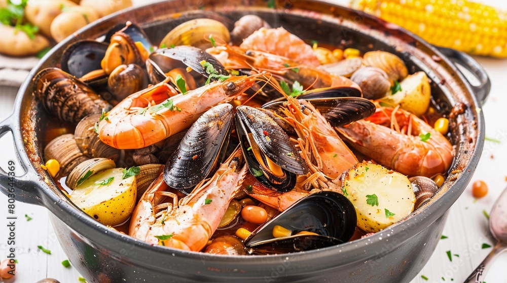 Rustic Charm, the essence of a seafood boil on a white background, pile up steamed shrimp, mussels, and clams in a large pot Rustic Charm, the essence of a seafood boil on a white background, pile up steamed shrimp, mussels, and clams in a large pot