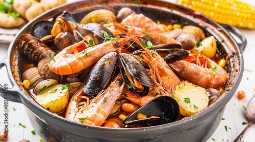 Rustic Charm, the essence of a seafood boil on a white background, pile up steamed shrimp, mussels, and clams in a large pot