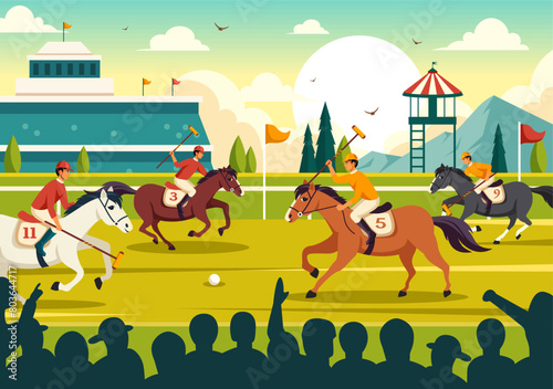 Polo Horse Sports Vector Illustration with Player Riding Horse and Holding Stick use Equipment Set to Competition in Flat Cartoon Background