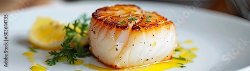 Simple elegance, perfectly cooked piece of seafood on a white plate