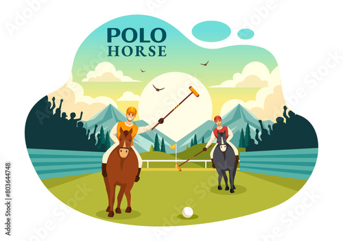 Polo Horse Sports Vector Illustration with Player Riding Horse and Holding Stick use Equipment Set to Competition in Flat Cartoon Background