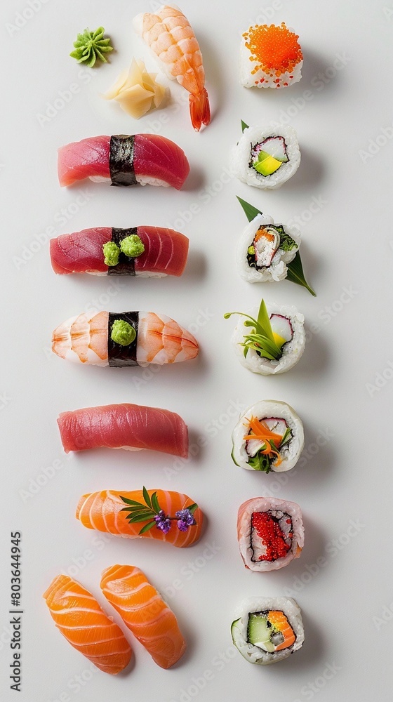 Artistic beauty of sushi on a white background, various nigiri pieces with different seafood toppings like tuna, salmon, and yellowtail