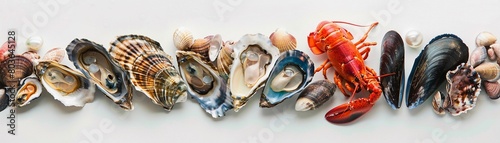 A colorful assortment of shellfish on a white background, glistening oysters with open shells revealing plump pearls inside photo