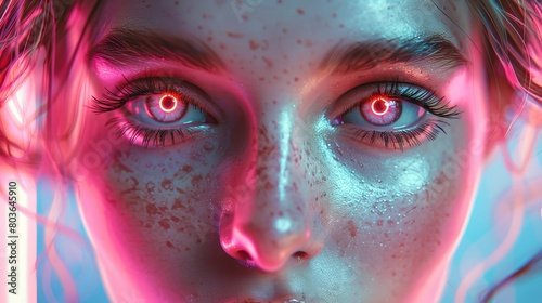 ネオンカラーに光る女性の目クローズアップ,Generative AI AI画像