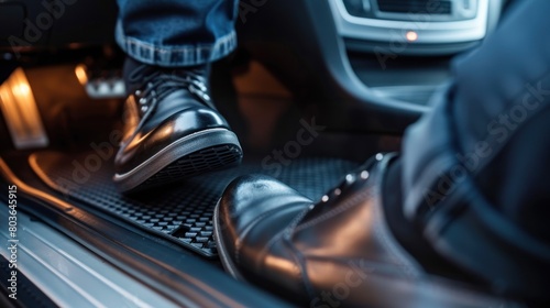 Accelerator and breaking pedal in a car. Close up the foot pressing foot pedal of a car to drive ahead. photo