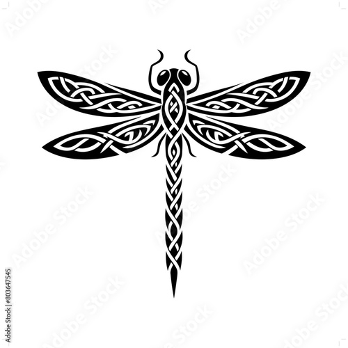Dragonfly silhouette in animal celtic knot, irish, nordic illustration