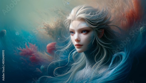 Portrait of a contemplative aquatic fantasy character  embodying serene and mystical qualities of underwater life.