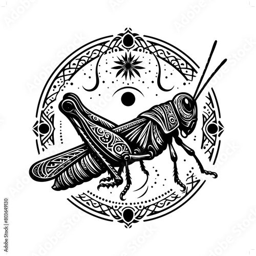 Grasshopper silhouette in bohemian, boho, nature illustration