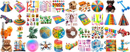 big collection of different toys for children kid  school playroom decor  magnet toy  doll  teddy bear  board game  photo collage set  isolated transparent background AIG44