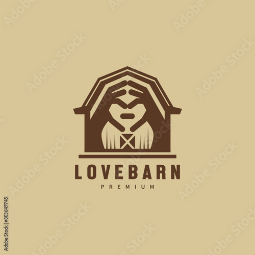 barn creative logo design with hand love illustration for wedding logo design