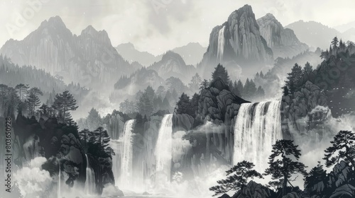水墨画の滝風景,Generative AI AI画像