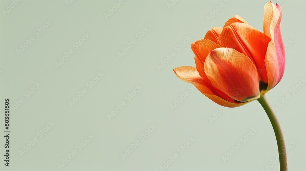 Fototapeta premium Single orange tulip against pale green background