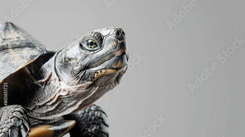 Close-up of turtle against gray background, showing detailed texture on its shell and skin