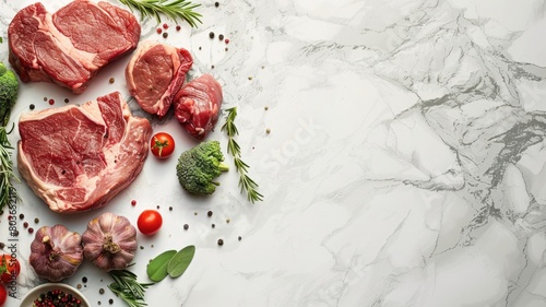 Various raw meats with herbs and spices on marble countertop