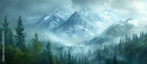 misty mountains with fir forests photo