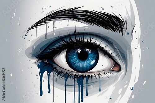 Illustration of an eye, sad and crying eye, tears falling down from the eye.