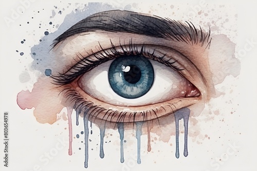 Watercolor illustration of an eye, crying and sad eye simple design, wall art, decor.