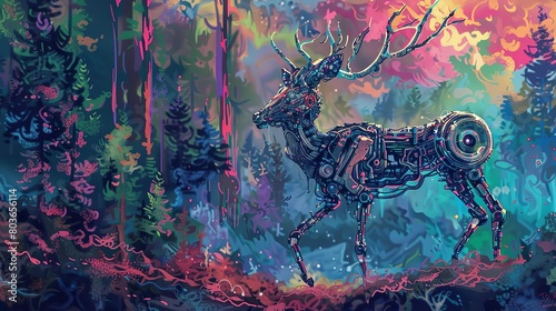 Craft a side-view illustration of a robotic deer amidst a vibrant impressionist forest, showcasing its metallic sheen against a backdrop of swirling, dreamy colors
