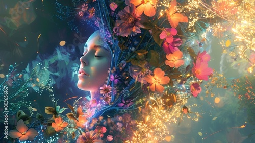 Abstract painting of a woman surrounded by mystical flowers, glowing edges, ethereal feel