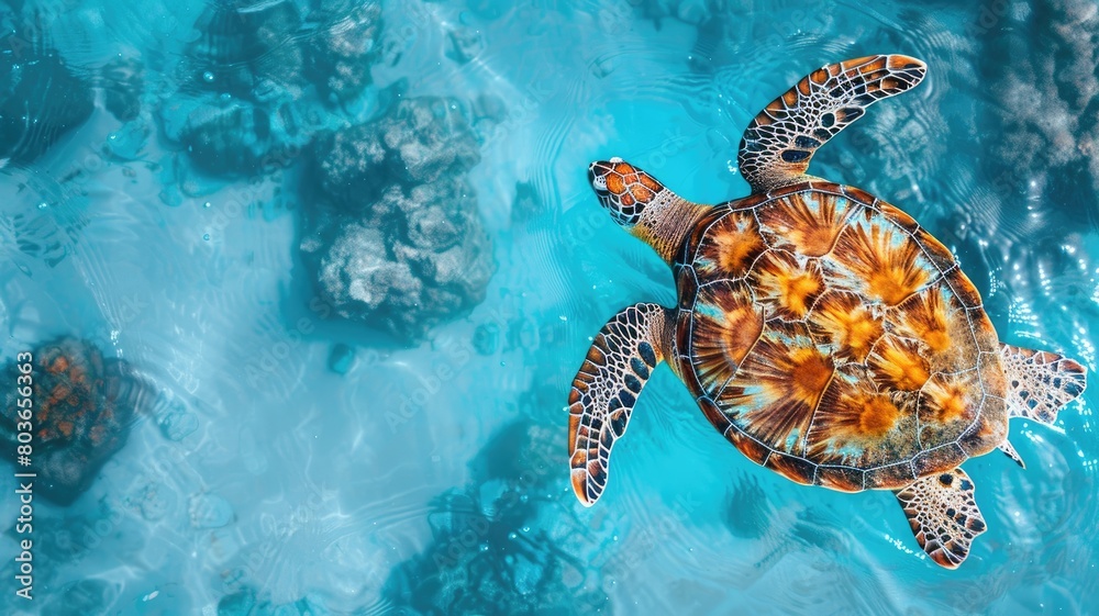Obraz premium Sea turtle swimming over coral reef in clear blue waters