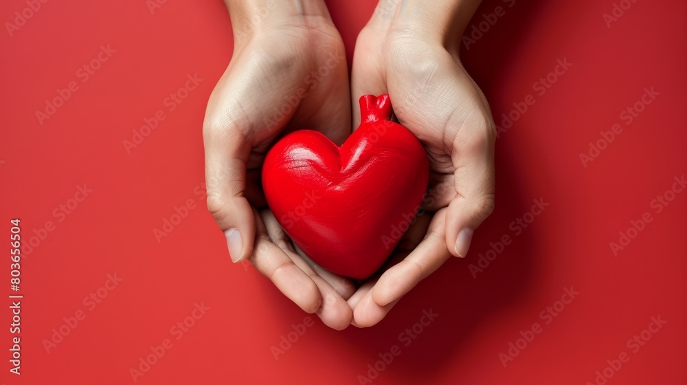 Close-up of hands cradling a heart, with a flat, tender red background, symbolizing care Close-up of hands cradling a heart, with a flat, tender red background, symbolizing care