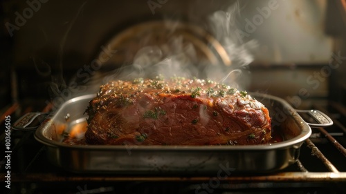 Roasted beef in oven with steam and herbs photo