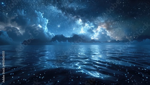 night lights and the milky, in the style of cosmic symbolism, calm waters photo