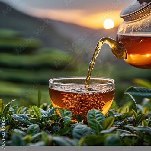 Pouring tea from a teapot into a glass among lush and green tea plantations, with the help of the reflection of the sunset sun, organic products for traditional health photo