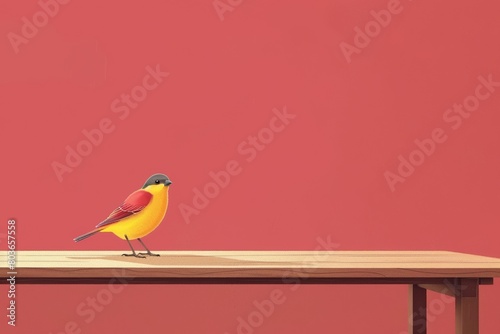 Minimalist scene: a single bird on a wooden table against a flat crimson background, pure and elegant