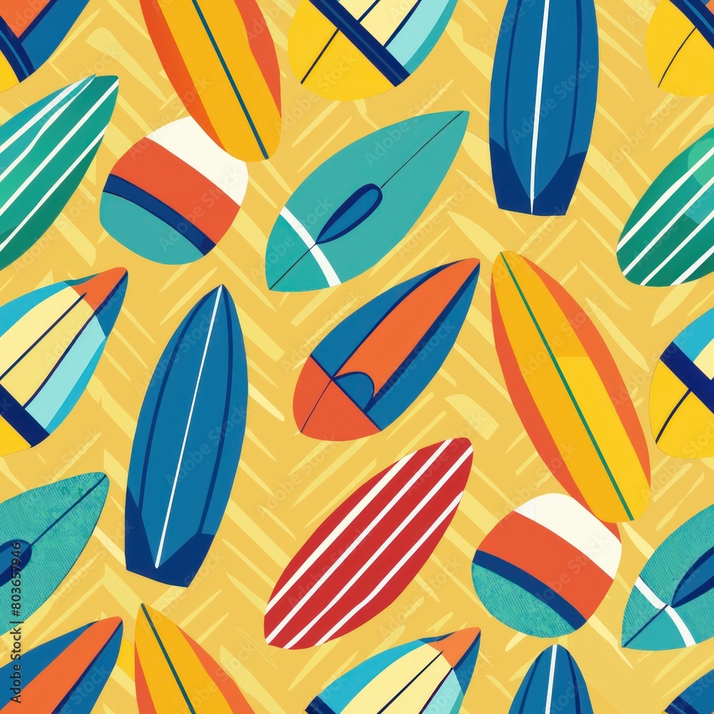 Naklejka premium Seamless pattern of sun-kissed surfboards and beach towels, Generative AI