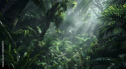 A dense jungle with misty