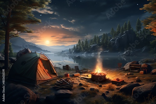 Capture a surreal wilderness camping scene in a panoramic view, combining modern novel aesthetics with surrealist elements using digital rendering techniques