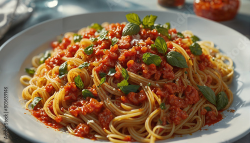 spaghetti with bolognese sauce, side view on a transparent background, Generative AI