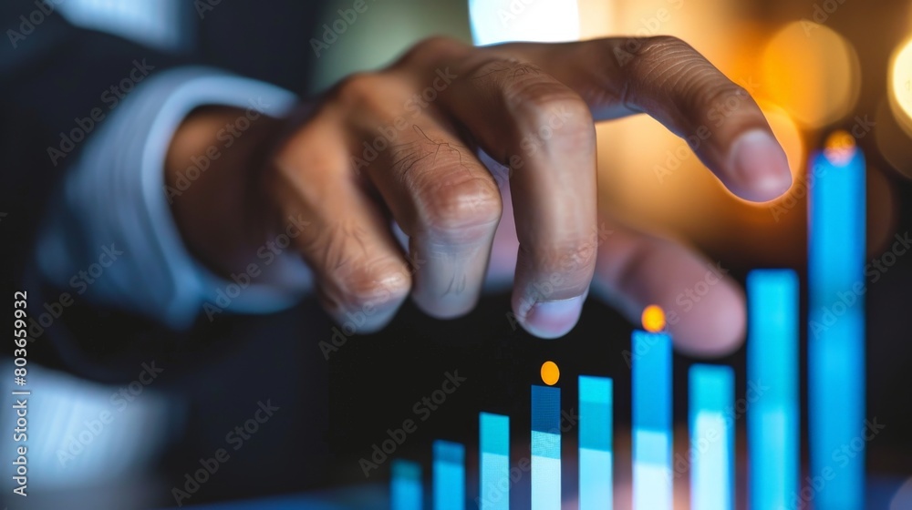 A businessmans hand points at a graph displaying  bars representing a steady increase in income, Generated by AI