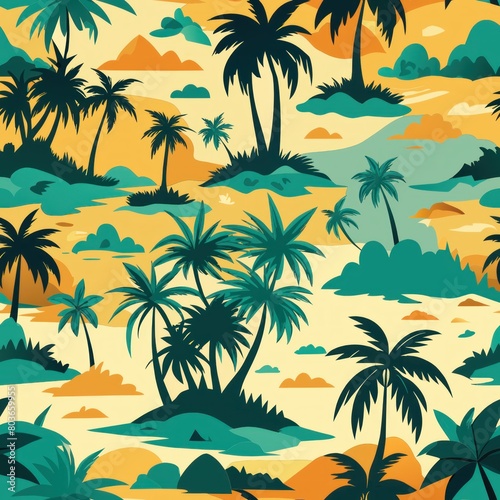 Seamless pattern of tropical islands dotted with palm trees  Generative AI