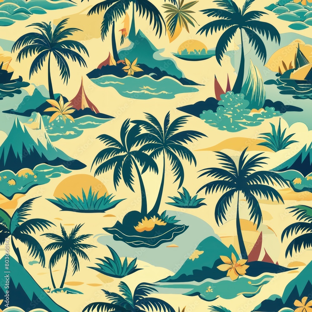 Seamless pattern of tropical islands dotted with palm trees, Generative AI