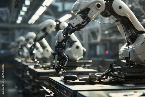 Capture the essence of a futuristic assembly line churning out sleek 3D printed robot parts, combining CG 3D rendering with a touch of industrial grit to convey a sense of innovation and technology