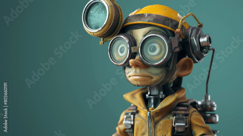 Highly detailed 3D rendering of a steampunk explorer with magnifying goggles and vintage gear, in a gritty texture.