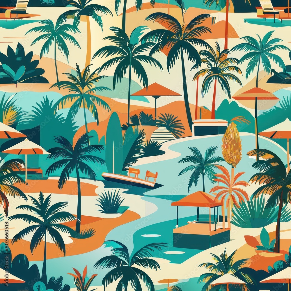 Seamless pattern of tropical resort poolside scenes with palm trees, Generative AI