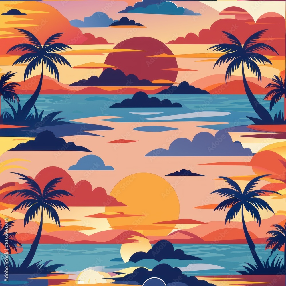Seamless pattern of tropical sunrises with colorful skies over the ocean, Generative AI