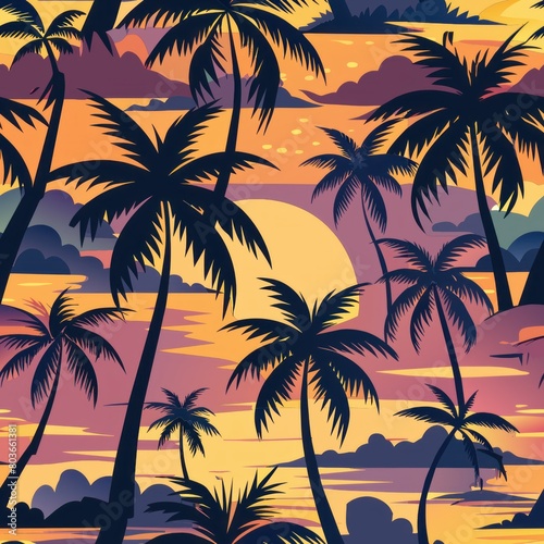  Seamless pattern of tropical sunsets with palm silhouettes  Generative AI