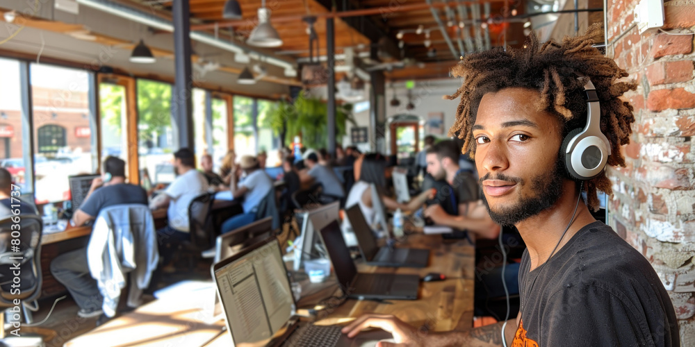 A man with dreadlocks is sitting at a desk in a room with other people. A man with dreadlocks is sitting at a desk in a room with other people.