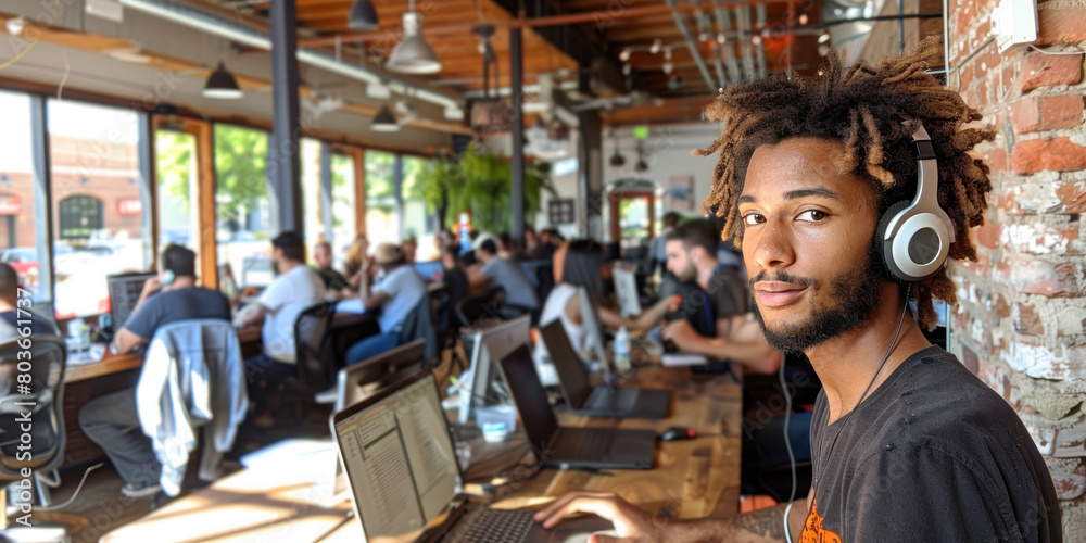 A man with dreadlocks is sitting at a desk in a room with other people.