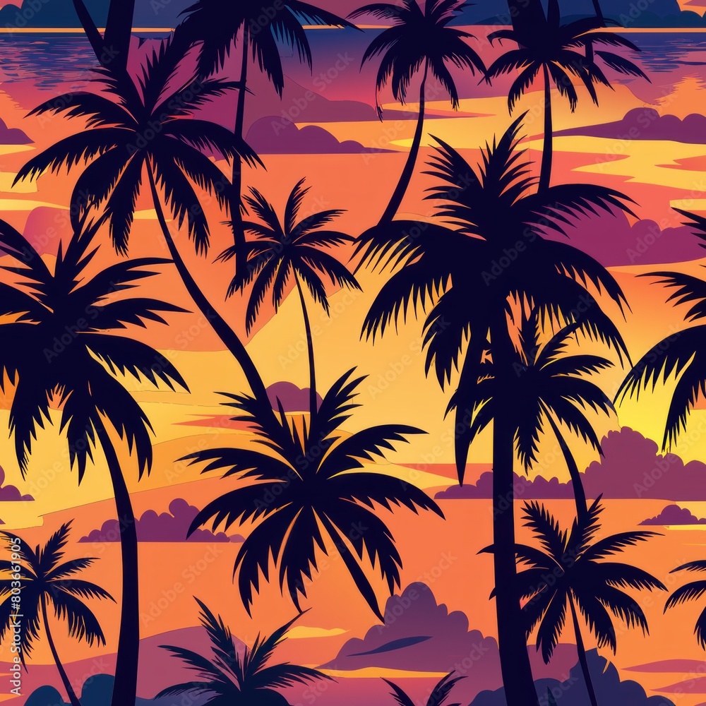  Seamless pattern of tropical sunsets with palm silhouettes, Generative AI