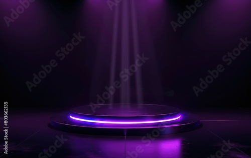 An empty stage aglow with purple neon lights ready for the spotlight