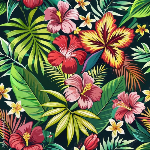 Seamless pattern of vibrant tropical flowers like hibiscus and orchids  Generative AI