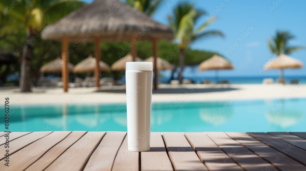 A tube of sunscreen sits on a beach bench.
