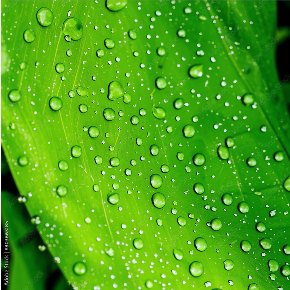 Water drops on green leaf, close up. Abstract nature background.