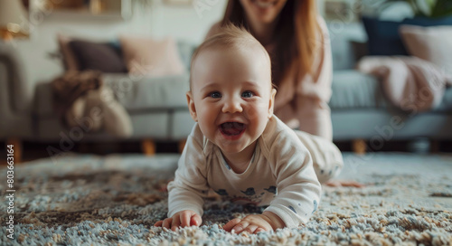 baby crawling on the carpet laughing with his mother in front of him